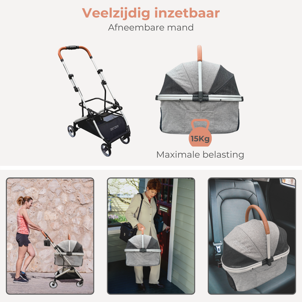 Grijze hondenbuggy met afneembare korf en rem – opvouwbaar ontwerp | Zenzee
