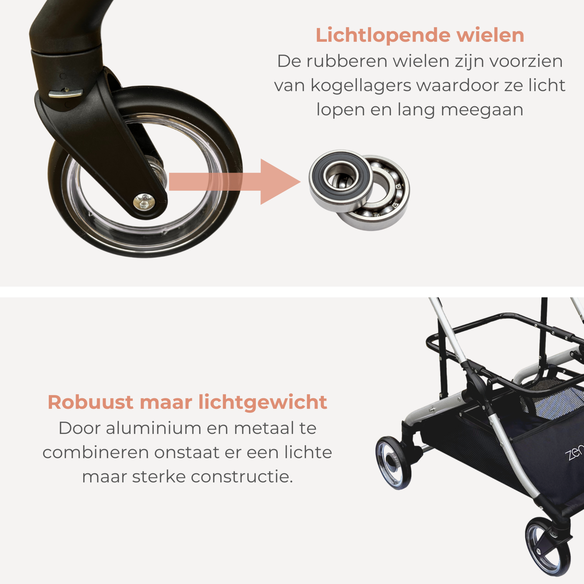 Grijze hondenbuggy met afneembare korf en rem – opvouwbaar ontwerp | Zenzee