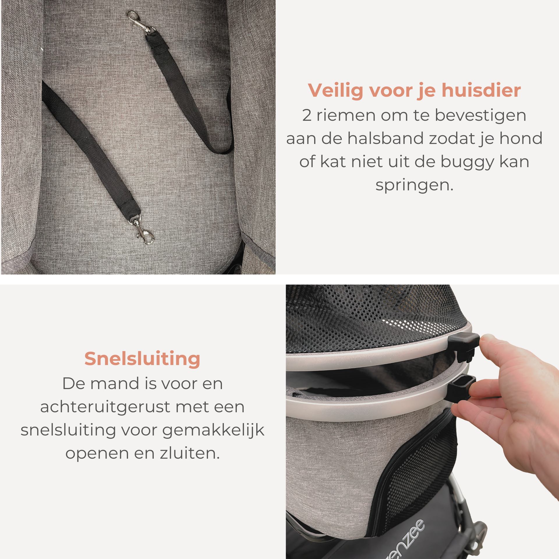 Grijze hondenbuggy met afneembare korf en rem – opvouwbaar ontwerp | Zenzee