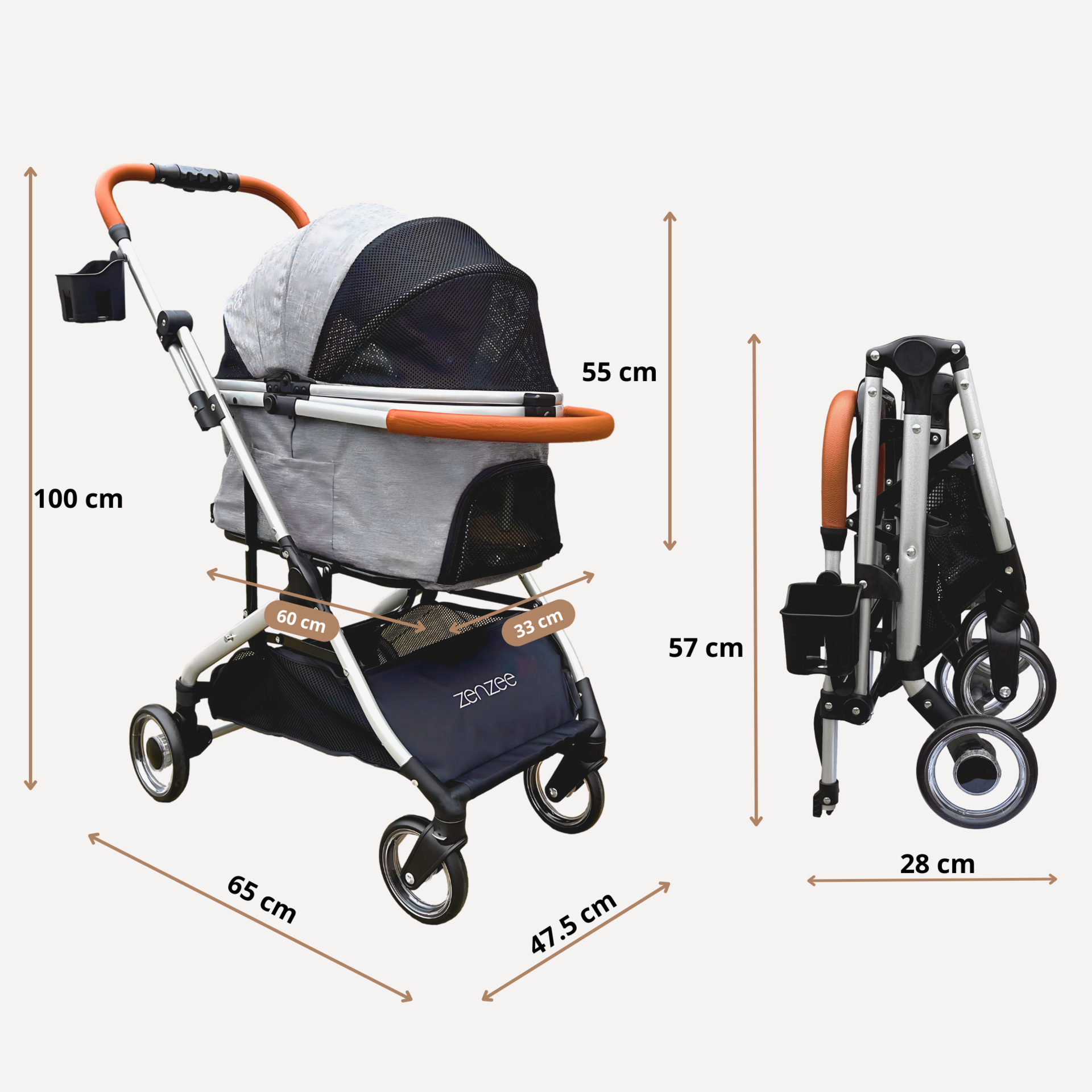 Grijze hondenbuggy met afneembare korf en rem – opvouwbaar ontwerp | Zenzee