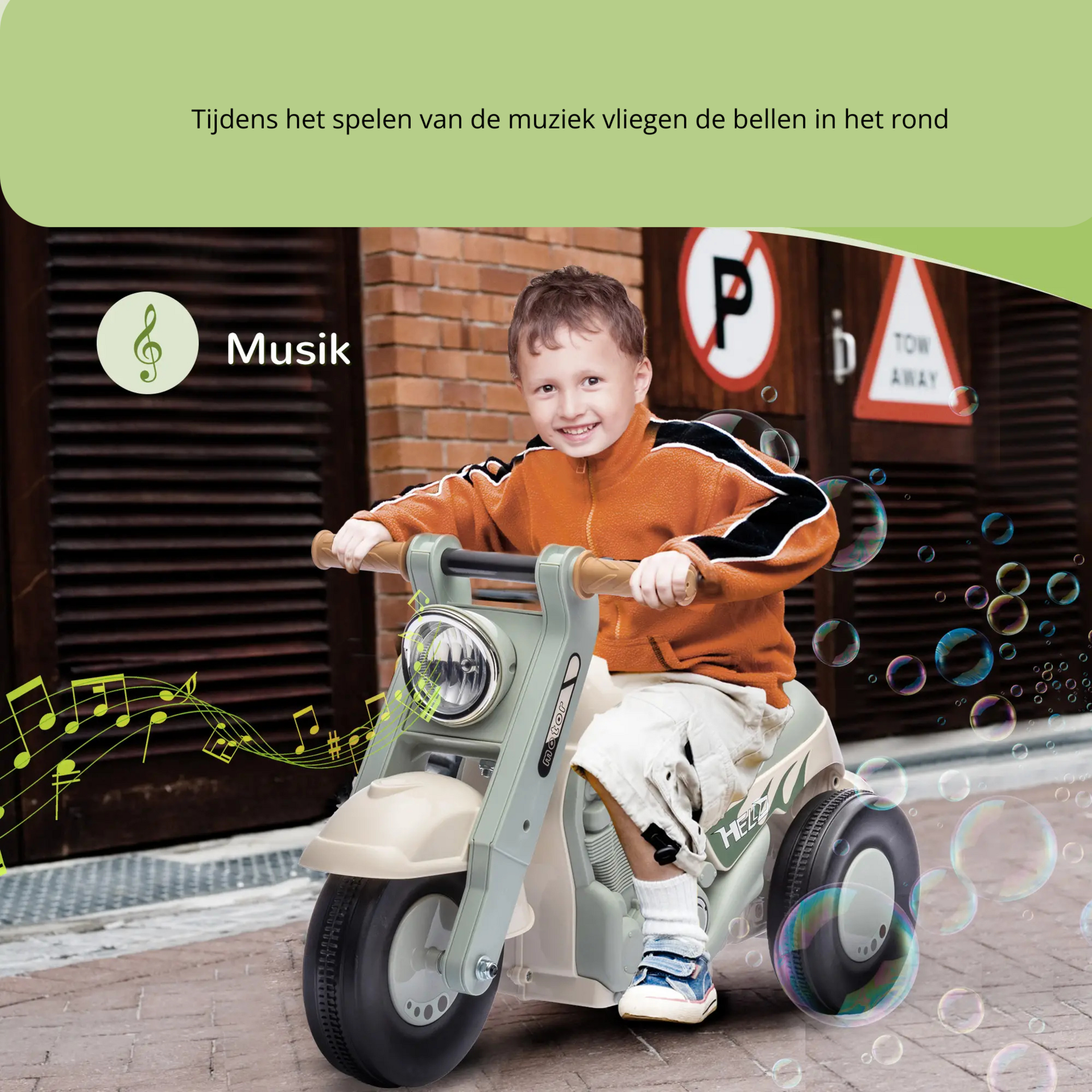 Groene loopauto motor met muziek – 80x35,5x42 cm voor kinderen 2–5 jaar