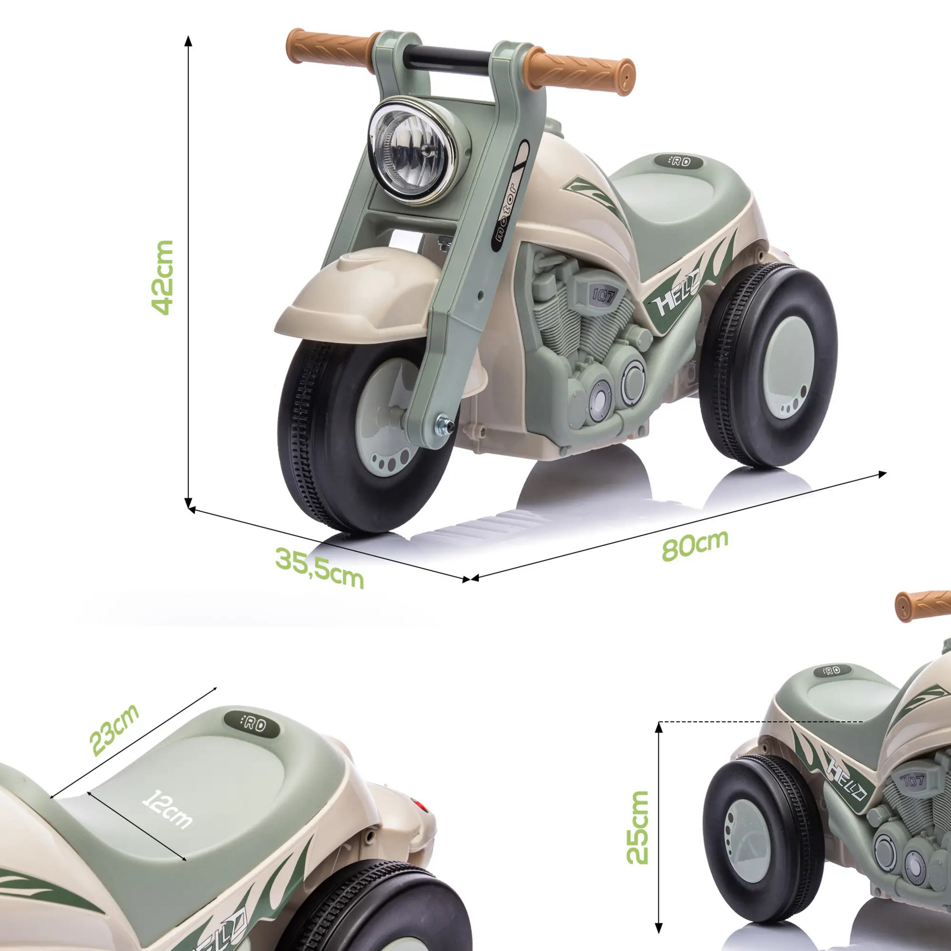 Groene loopauto motor met muziek – 80x35,5x42 cm voor kinderen 2–5 jaar