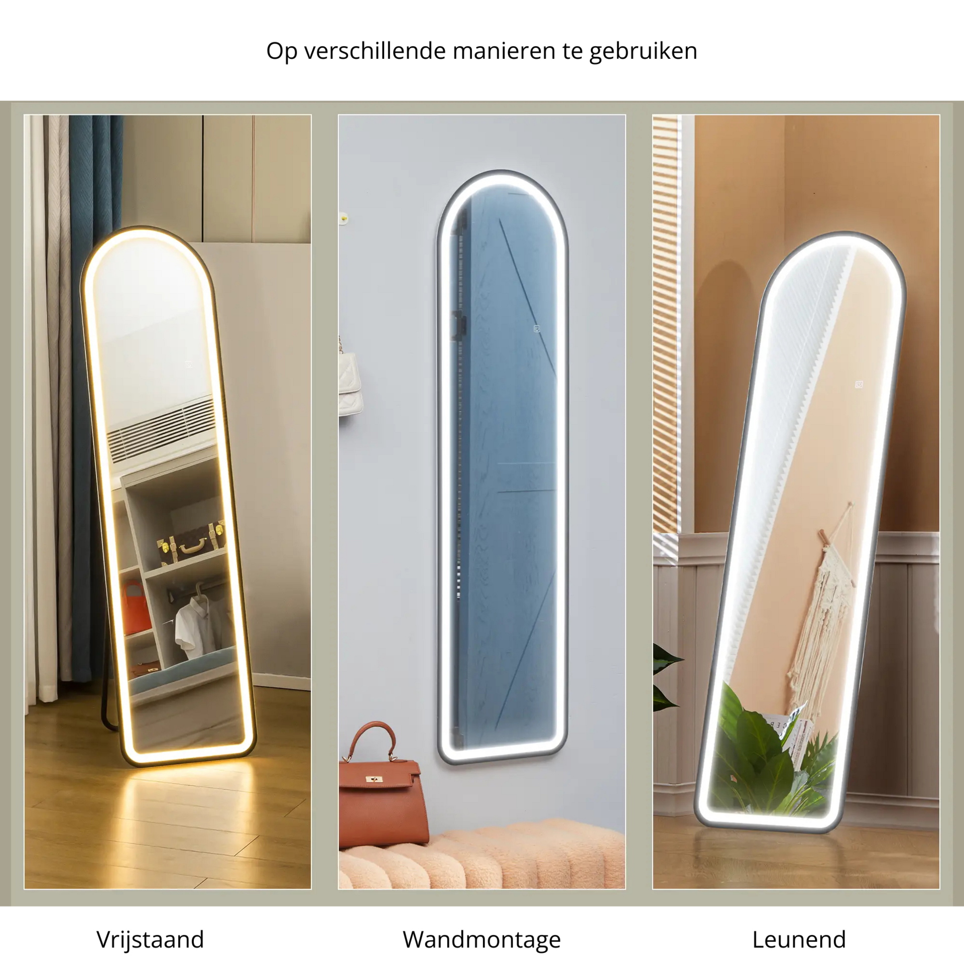 Staande passpiegel met LED-verlichting – 150x40 cm in zwart