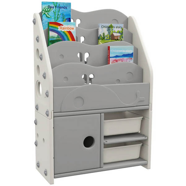 Kinderboekenkast met opbergboxen – 67x29x98 cm in lichtgrijs kunststof