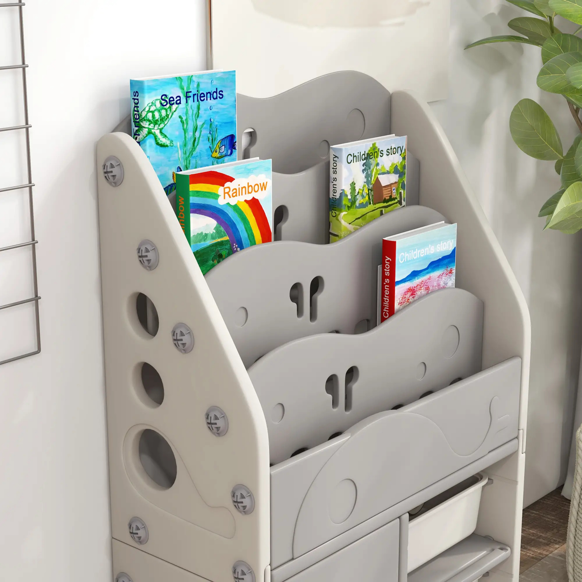 Kinderboekenkast met opbergboxen – 67x29x98 cm in lichtgrijs kunststof