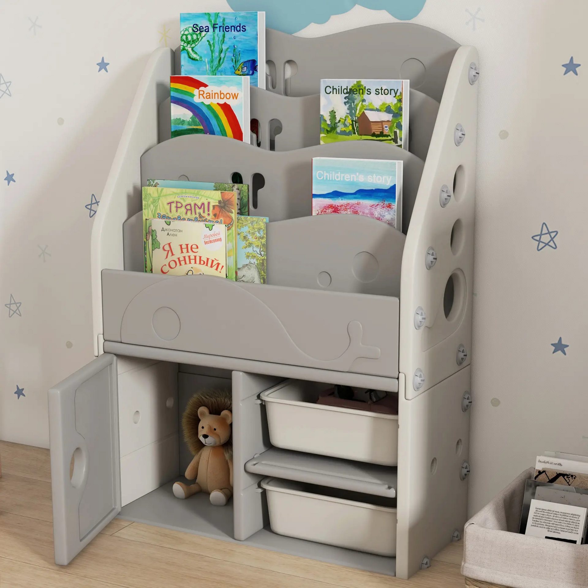 Kinderboekenkast met opbergboxen – 67x29x98 cm in lichtgrijs kunststof