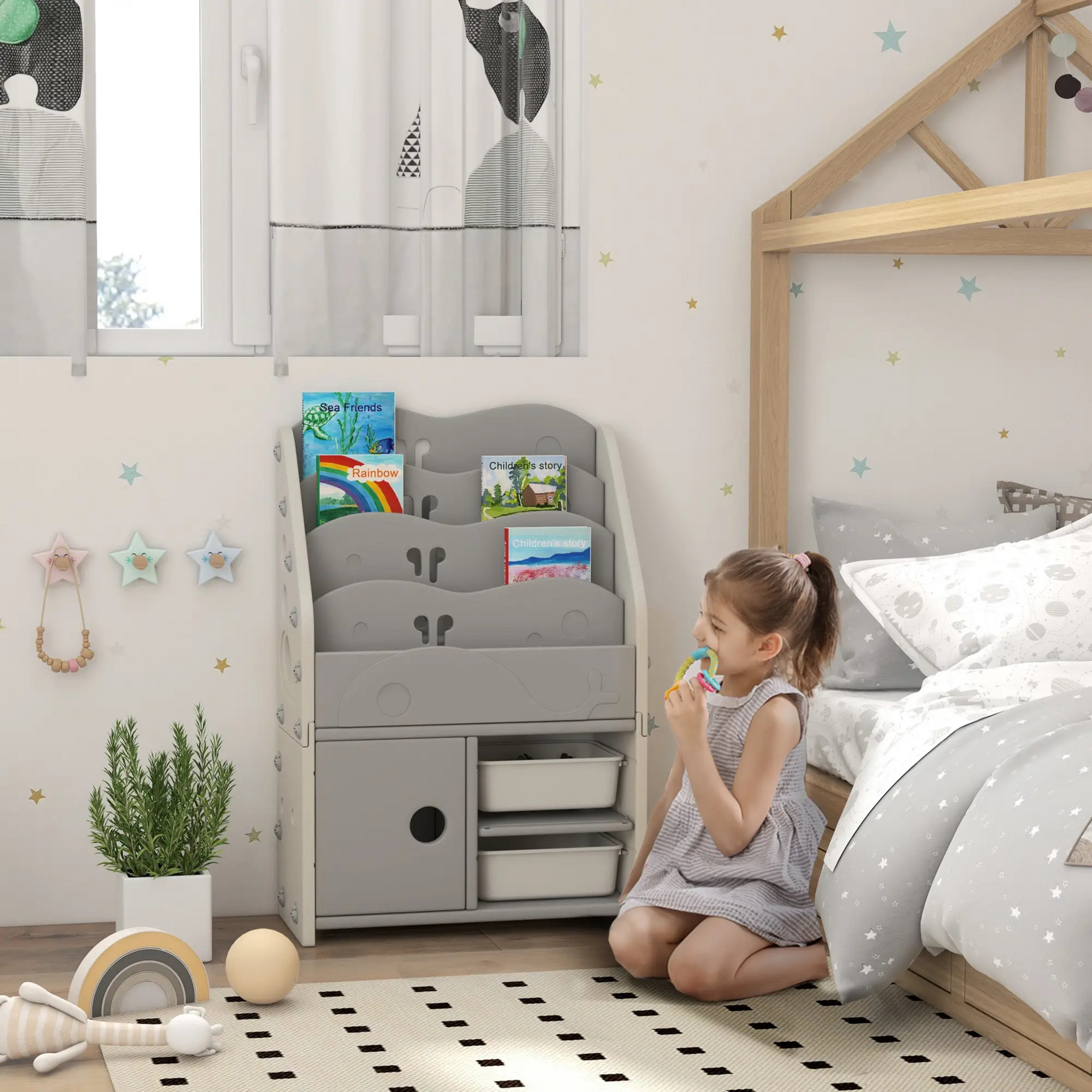 Kinderboekenkast met opbergboxen – 67x29x98 cm in lichtgrijs kunststof