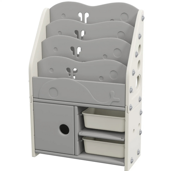 Kinderboekenkast met opbergboxen – 67x29x98 cm in lichtgrijs kunststof