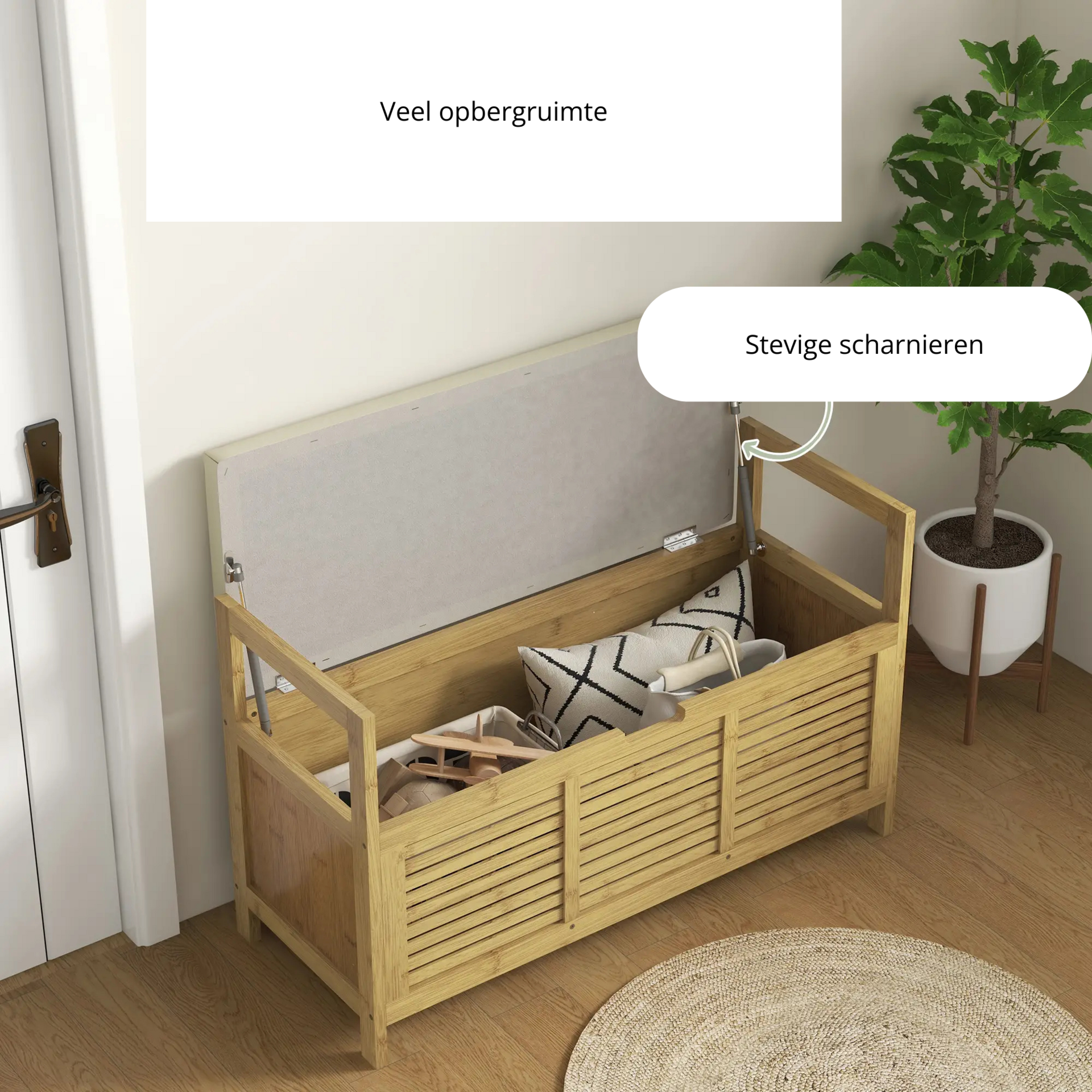 Bamboe schoenenbank met opbergruimte en zitkussen – 100 cm breed