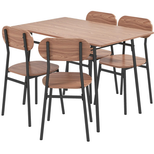 Bruine eetkamerset met tafel en 4 stoelen – 110x70 cm met houtlook tafelblad en zwart metalen frame voor modern eetcomfort