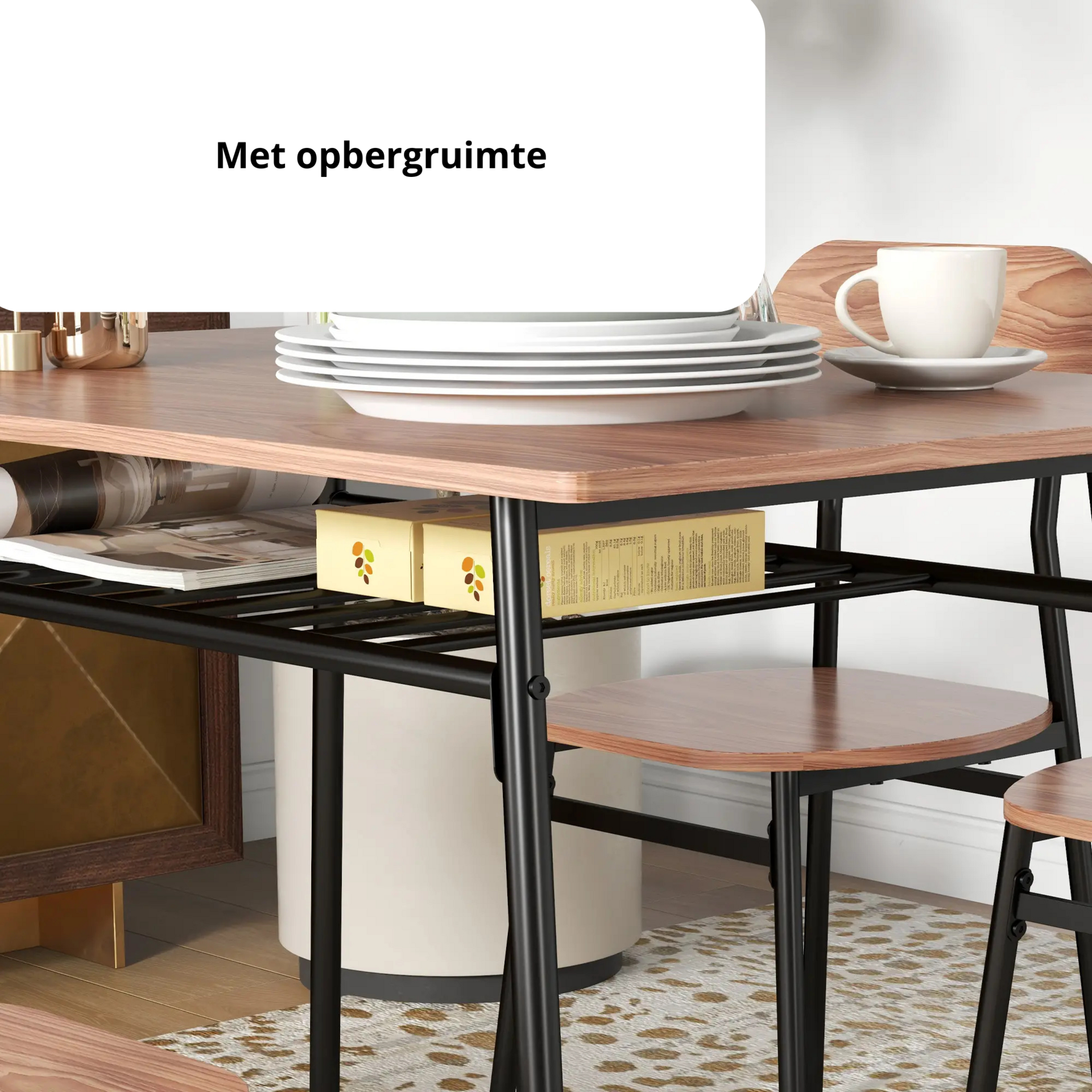 Bruine eetkamerset met tafel en 4 stoelen – 110x70 cm