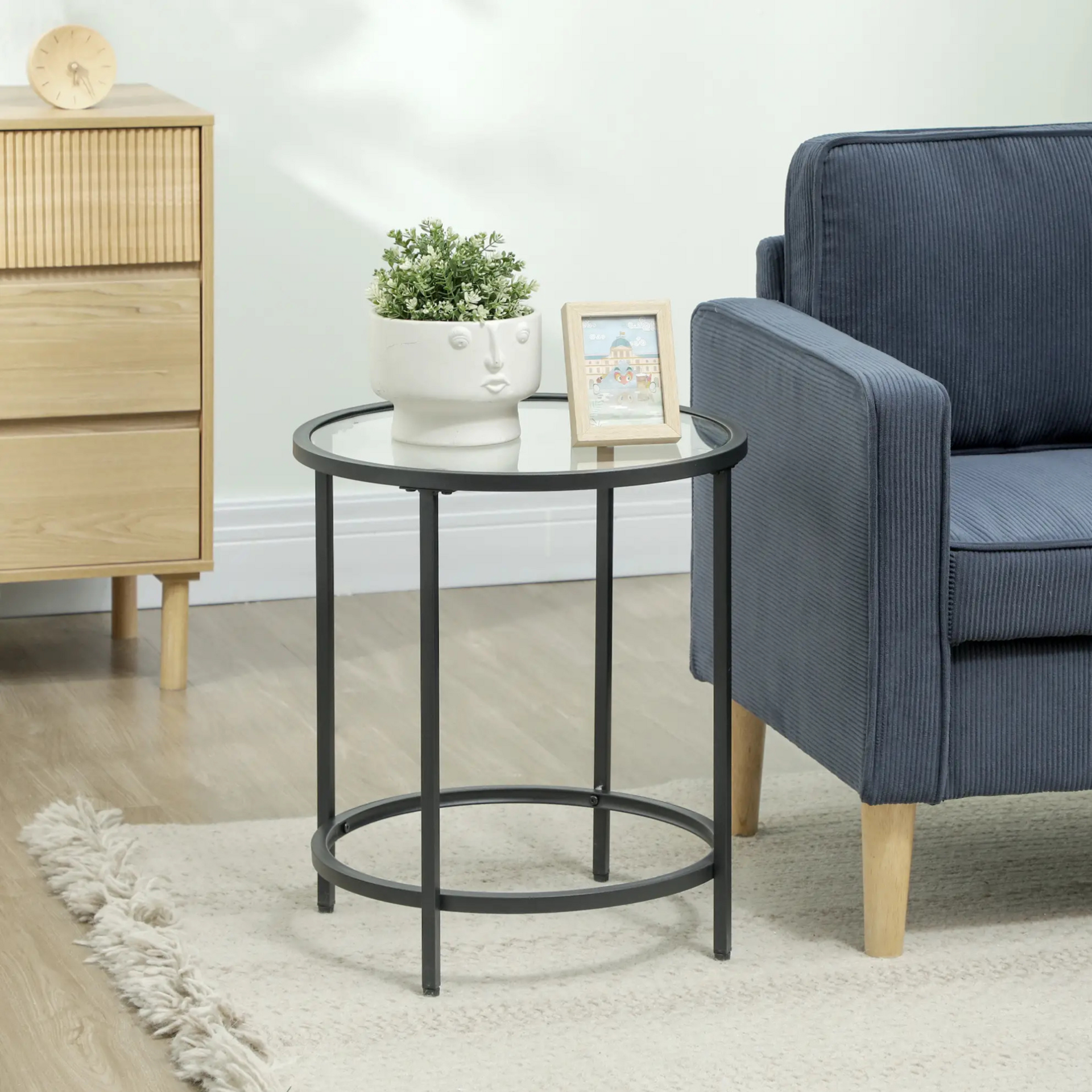 Ronde salontafel met glazen blad en zwart metalen frame – Ø48 cm