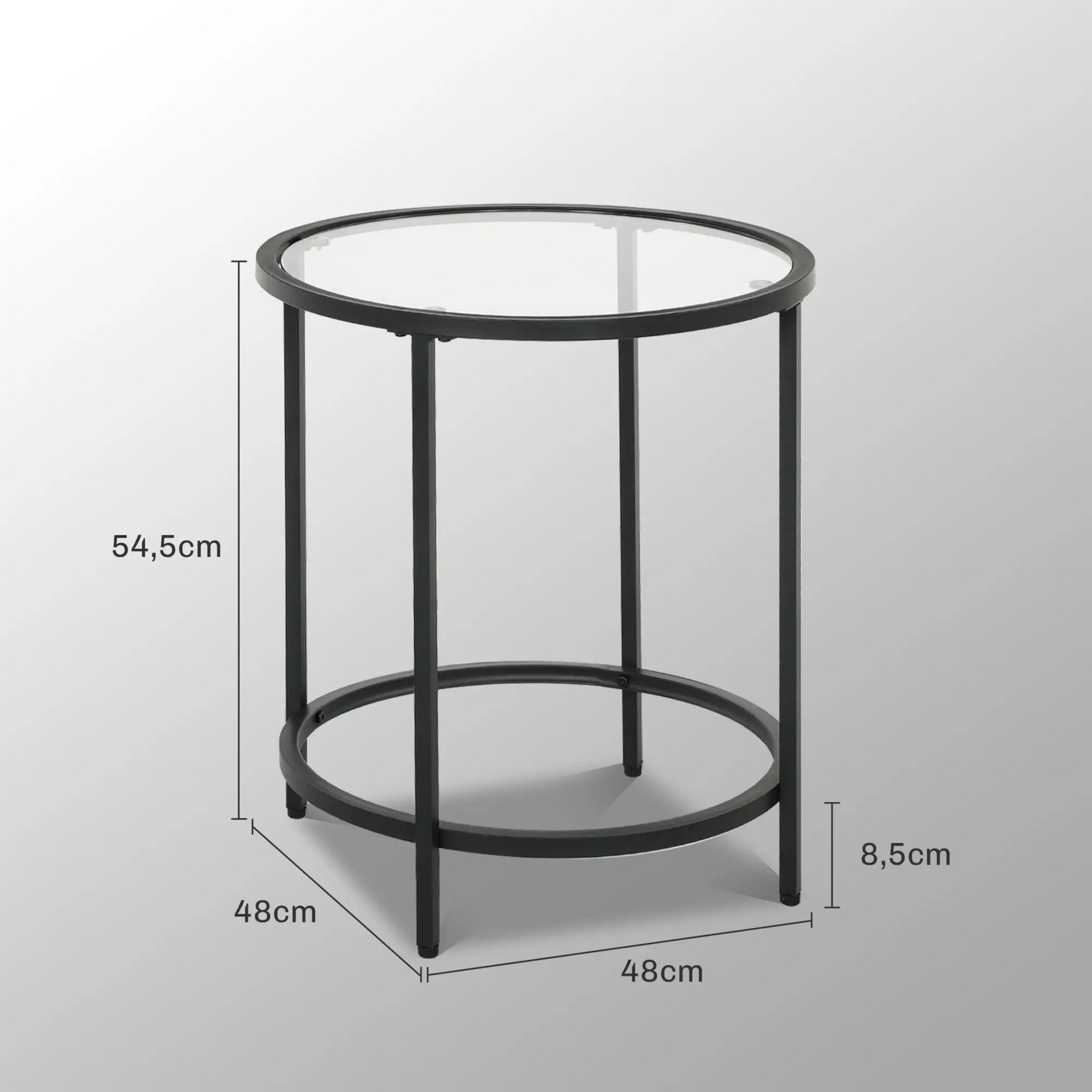 Ronde salontafel met glazen blad en zwart metalen frame – Ø48 cm