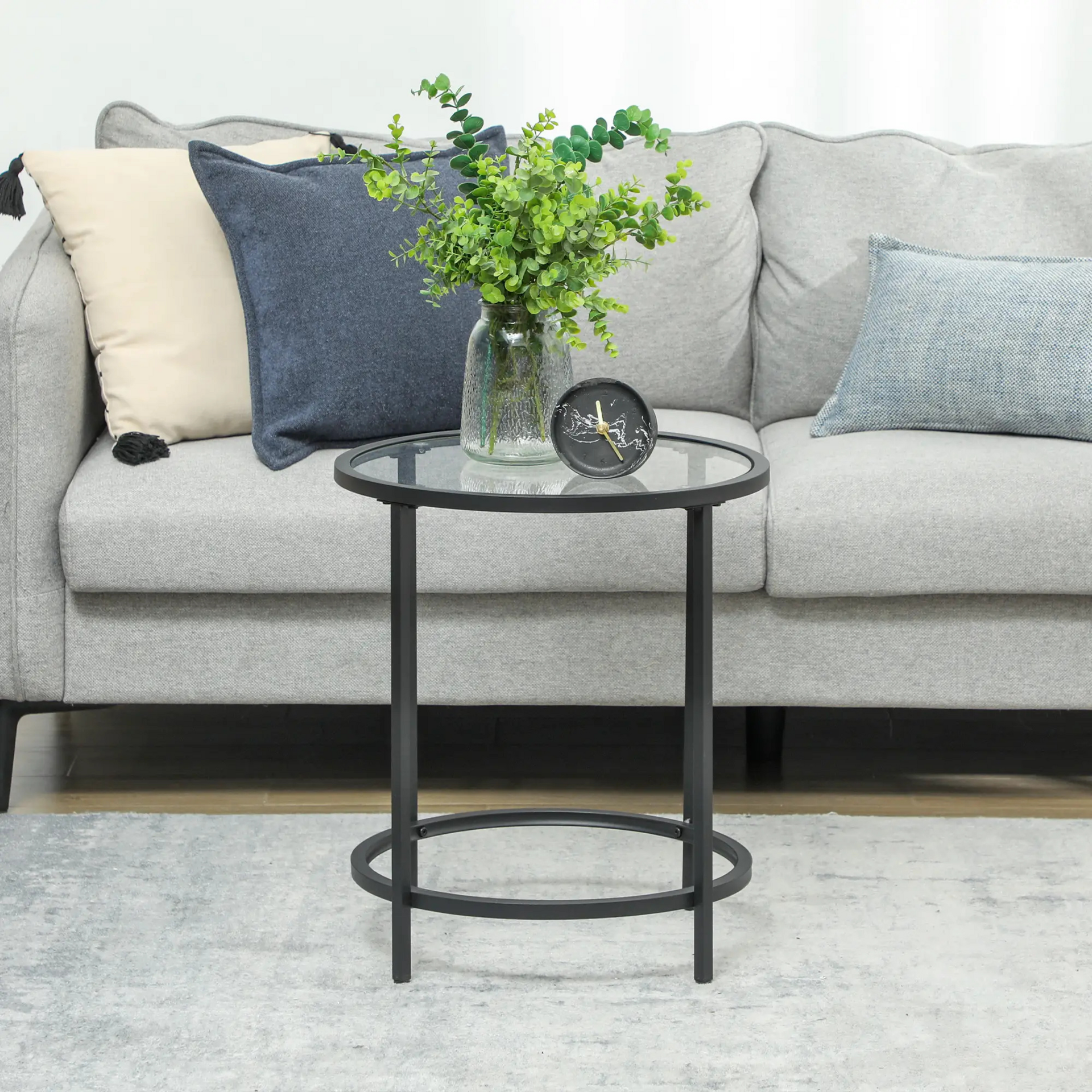 Ronde salontafel met glazen blad en zwart metalen frame – Ø48 cm