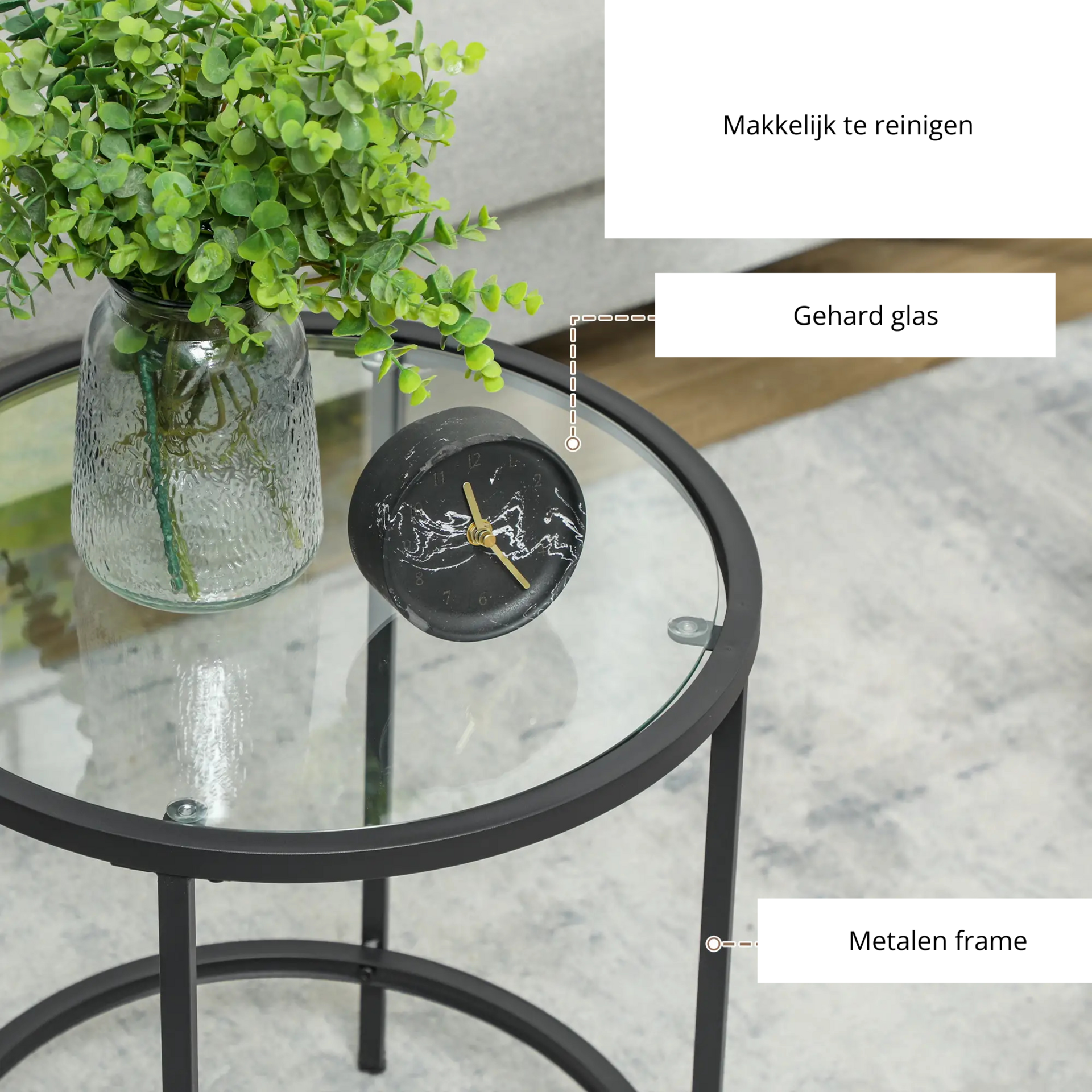 Ronde salontafel met glazen blad en zwart metalen frame – Ø48 cm