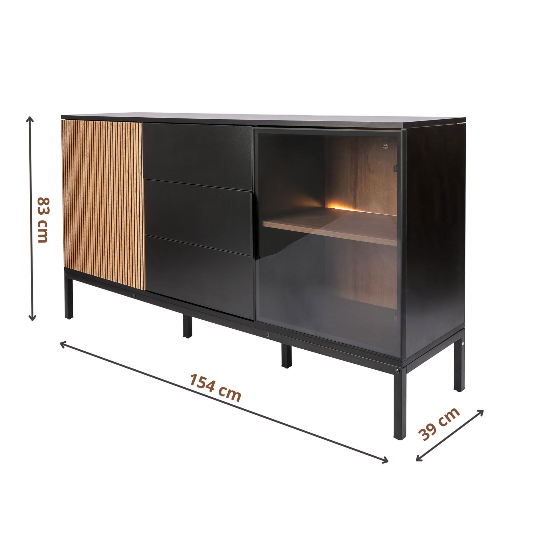Zenzee Thora dressoir met LED-verlichting – 2 deuren en 3 lades in natuur zwart