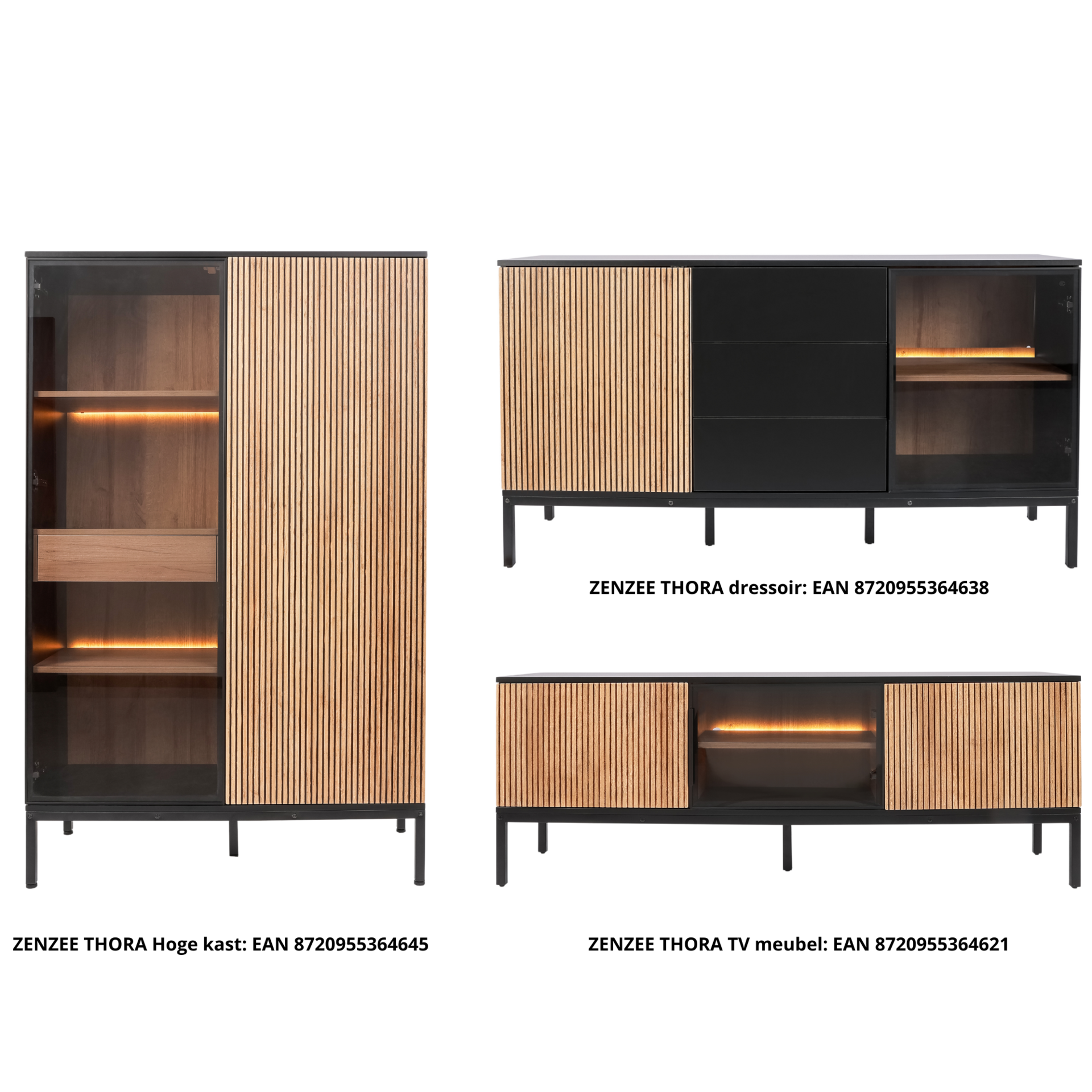 Zenzee Thora dressoir met LED-verlichting – 2 deuren en 3 lades in natuur zwart