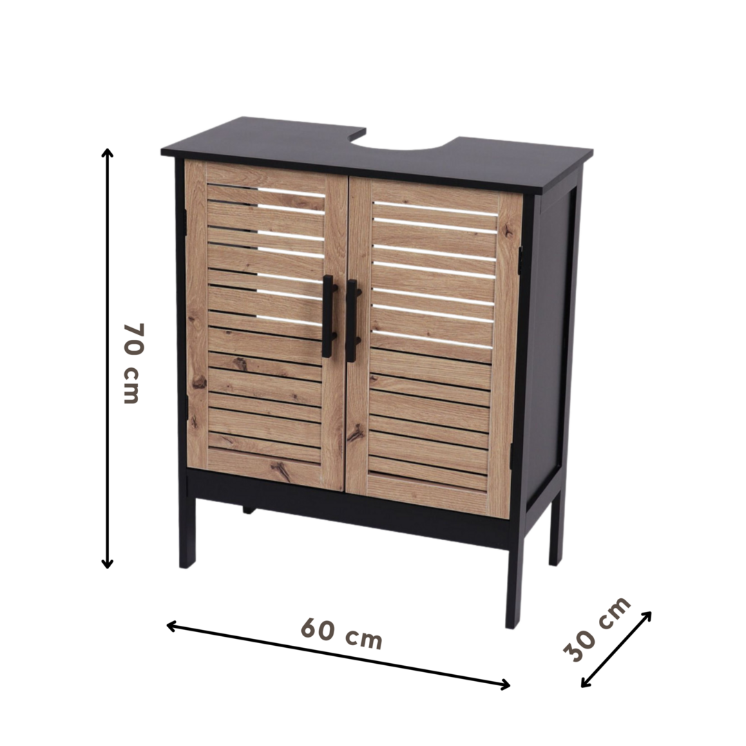 Compacte wastafel onderkast zwart eiken – 70 cm breed met sifonuitsparing
