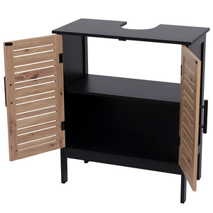 Compacte wastafel onderkast zwart eiken – 70 cm breed met sifonuitsparing en twee houten deuren voor badkameropslag