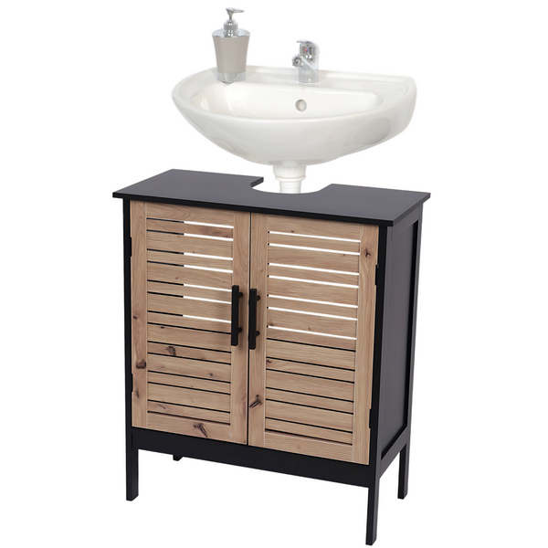 Compacte wastafel onderkast zwart eiken – 70 cm breed met sifonuitsparing
