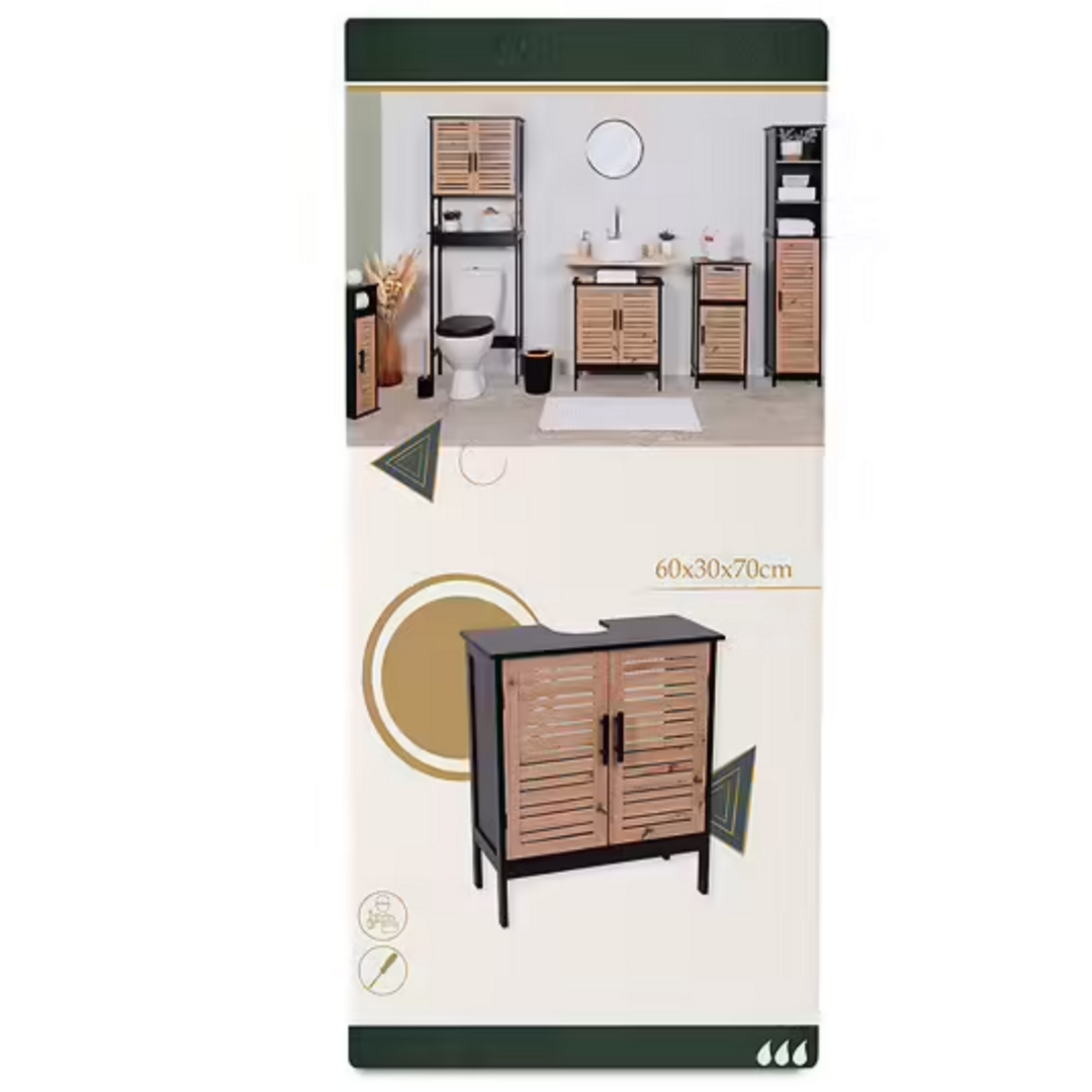 Compacte wastafel onderkast zwart eiken – 70 cm breed met sifonuitsparing