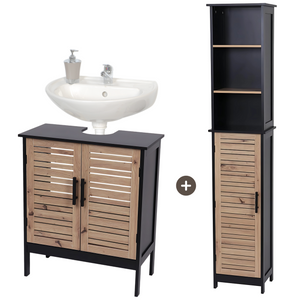 Bergen badkamerset zwart/eiken – wastafelonderkast en kolomkast met frisse uitstraling en praktische opbergruimte