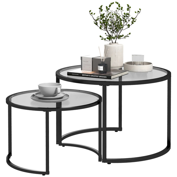 Ronde bijzettafels set van 2 – glas en zwart metaal voor een moderne uitstraling