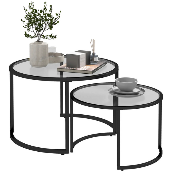 Ronde bijzettafels set van 2 – glas en zwart metaal voor een moderne uitstraling