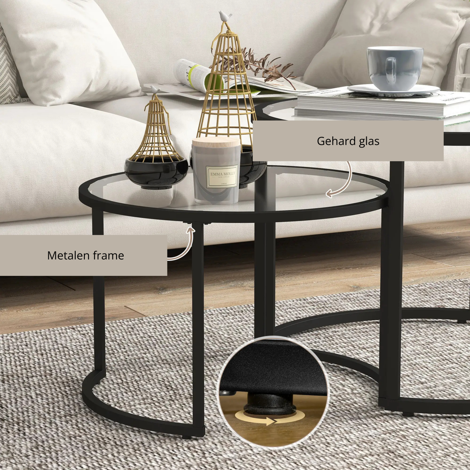 Ronde bijzettafels set van 2 – glas en zwart metaal voor een moderne uitstraling
