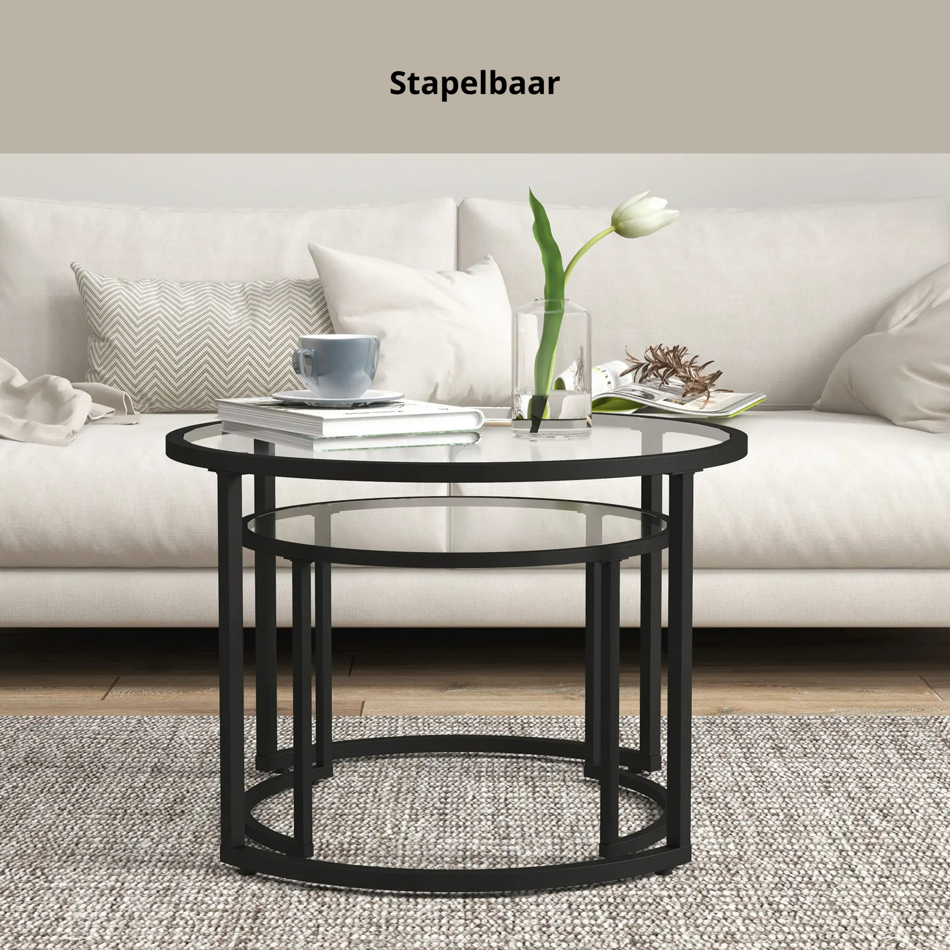 Ronde bijzettafels set van 2 – glas en zwart metaal voor een moderne uitstraling