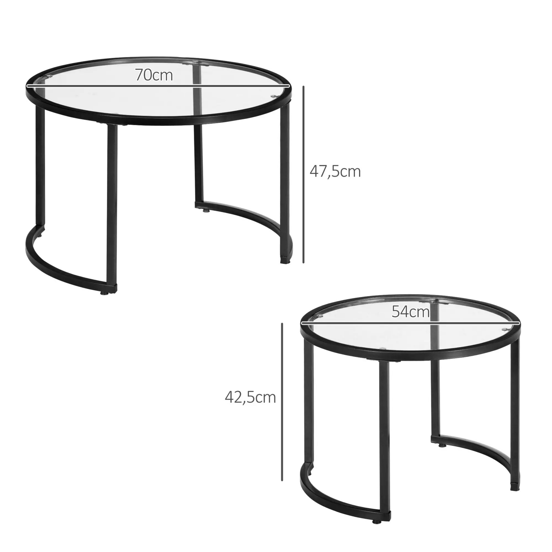 Ronde bijzettafels set van 2 – glas en zwart metaal voor een moderne uitstraling