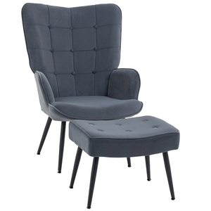Donkergrijze fauteuil met voetenbankje – comfortabel zitten in stijlvol design met fluwelen stof en stevig metalen frame