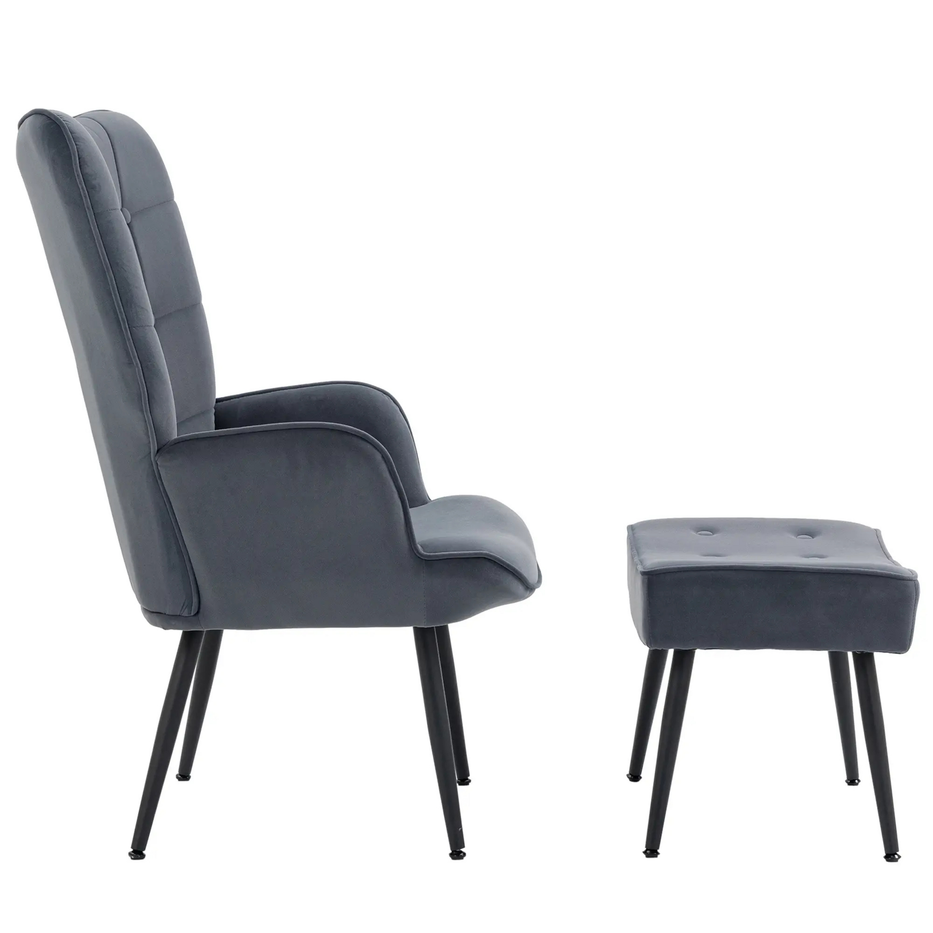 Donkergrijze fauteuil met voetenbankje – comfortabel zitten in stijlvol design