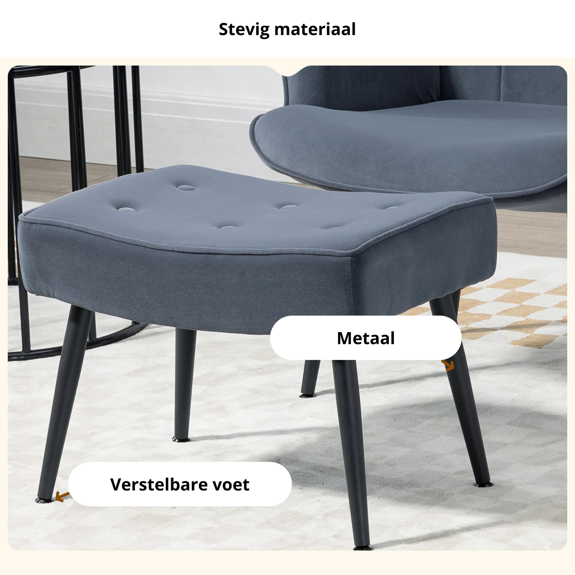Donkergrijze fauteuil met voetenbankje – comfortabel zitten in stijlvol design