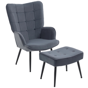 Donkergrijze fauteuil met voetenbankje – comfortabel zitten in stijlvol design met zachte fluwelen stof en stevig stalen frame