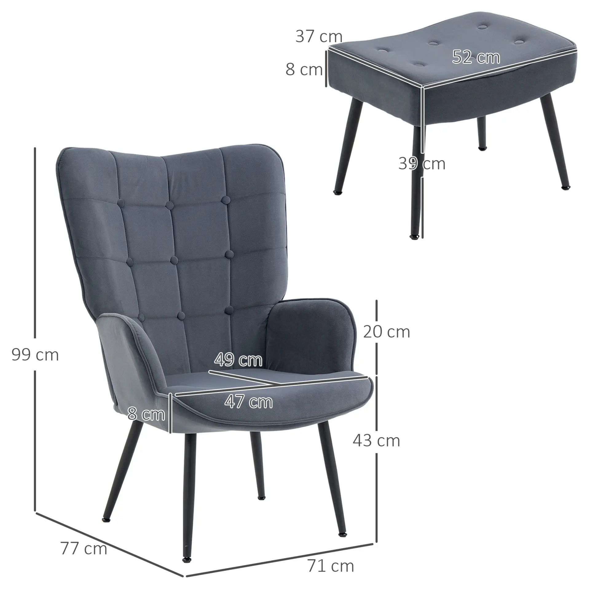 Donkergrijze fauteuil met voetenbankje – comfortabel zitten in stijlvol design