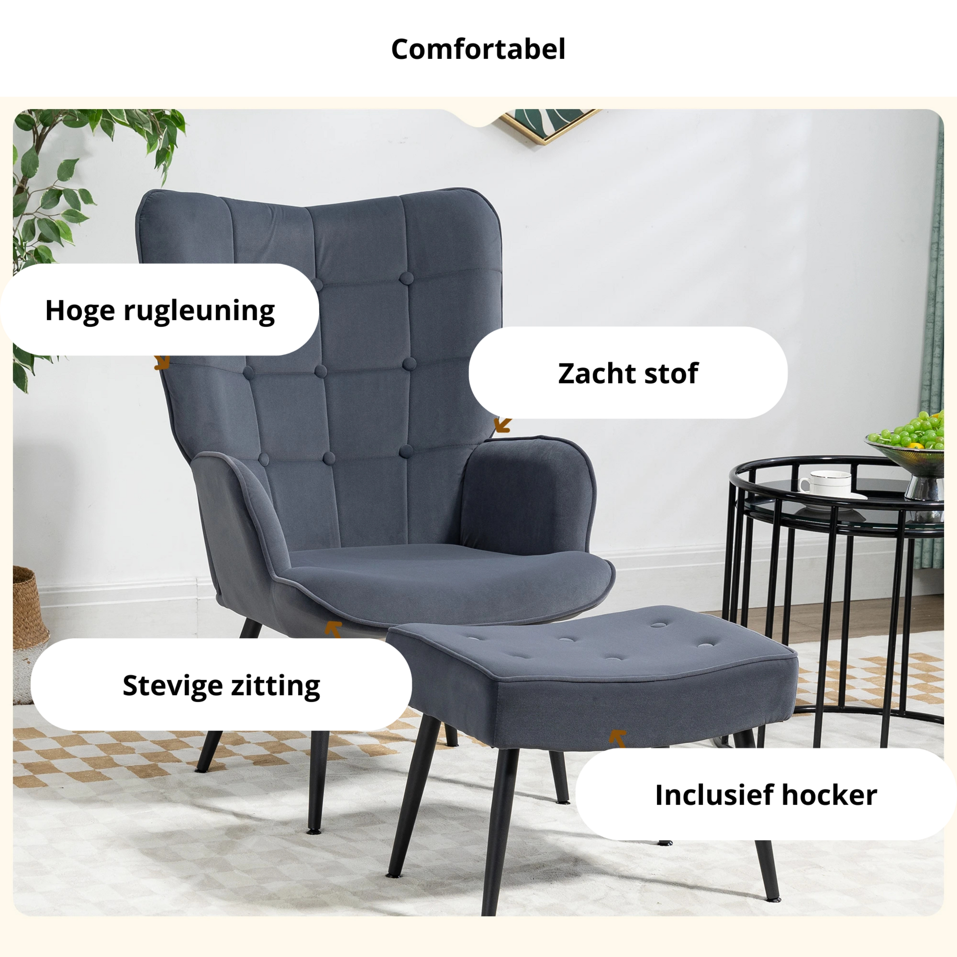 Donkergrijze fauteuil met voetenbankje – comfortabel zitten in stijlvol design