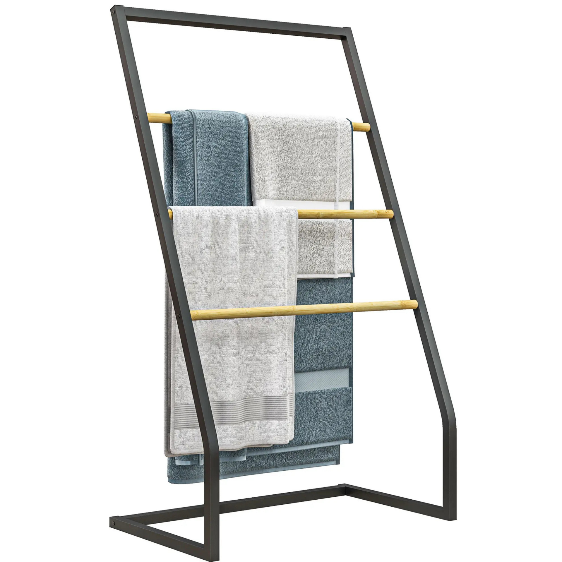 Handdoekenrek van bamboe en metaal – 60x35x102 cm met 3 ophangstangen