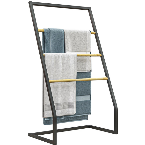 Handdoekenrek van bamboe en metaal – 60x35x102 cm met 3 ophangstangen