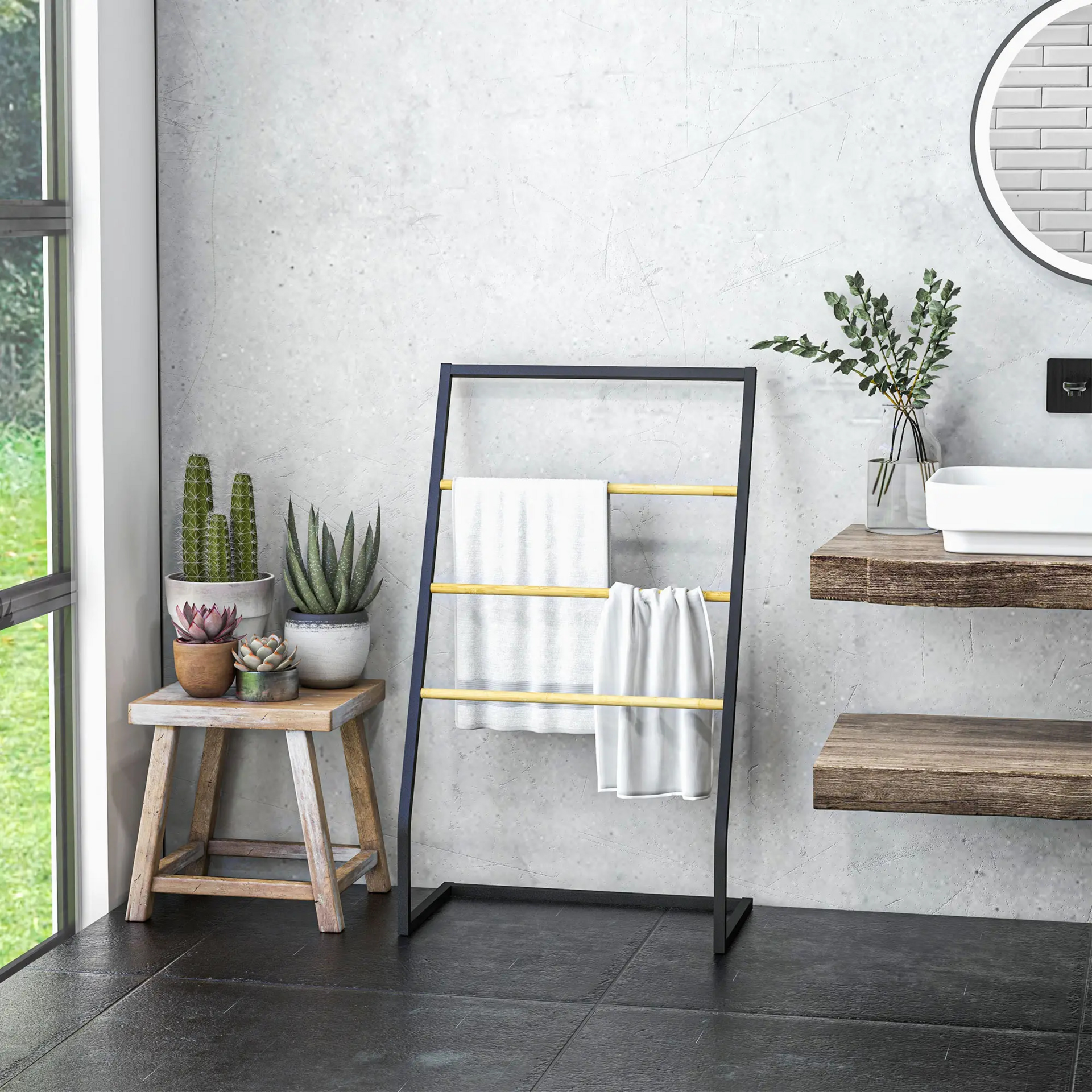 Handdoekenrek van bamboe en metaal – 60x35x102 cm met 3 ophangstangen
