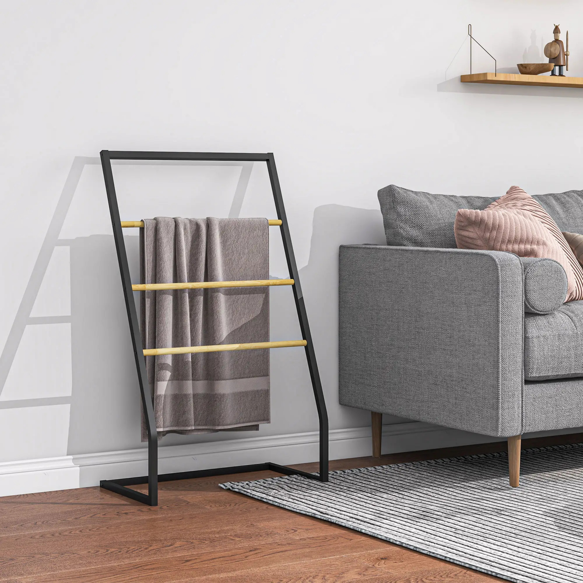Handdoekenrek van bamboe en metaal – 60x35x102 cm met 3 ophangstangen