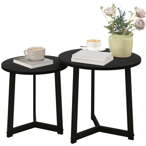 Set van 2 ronde zwarte bijzettafels – modern metaal en ruimtebesparend ontwerp met zwart gelakt staal en MDF blad