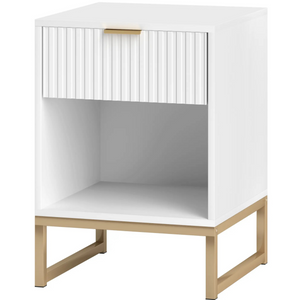 Wit nachtkastje met lade – modern ontwerp met goudkleurige poten en ruime lade voor extra opbergruimte slaapkamer