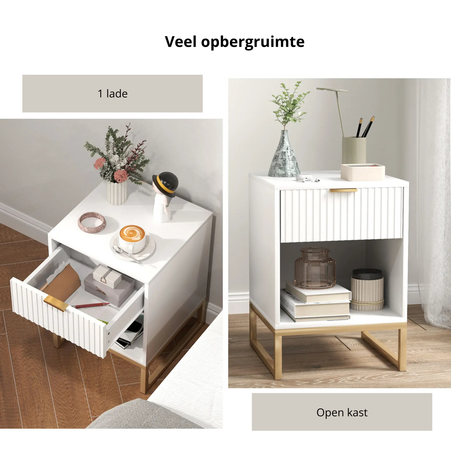 Wit nachtkastje met lade – modern ontwerp met goudkleurige poten