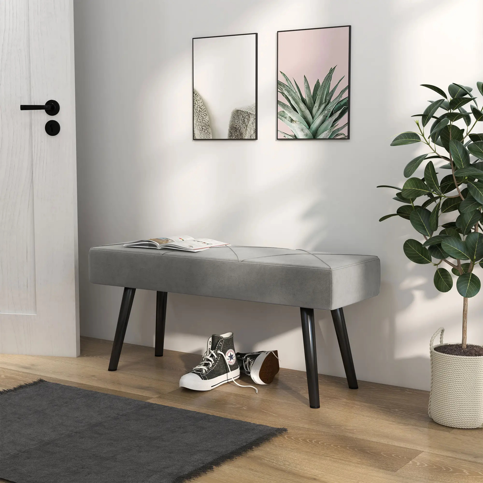 Gestoffeerde grijze hocker – 100x36x45 cm als compact bedbankje of extra zitplaats