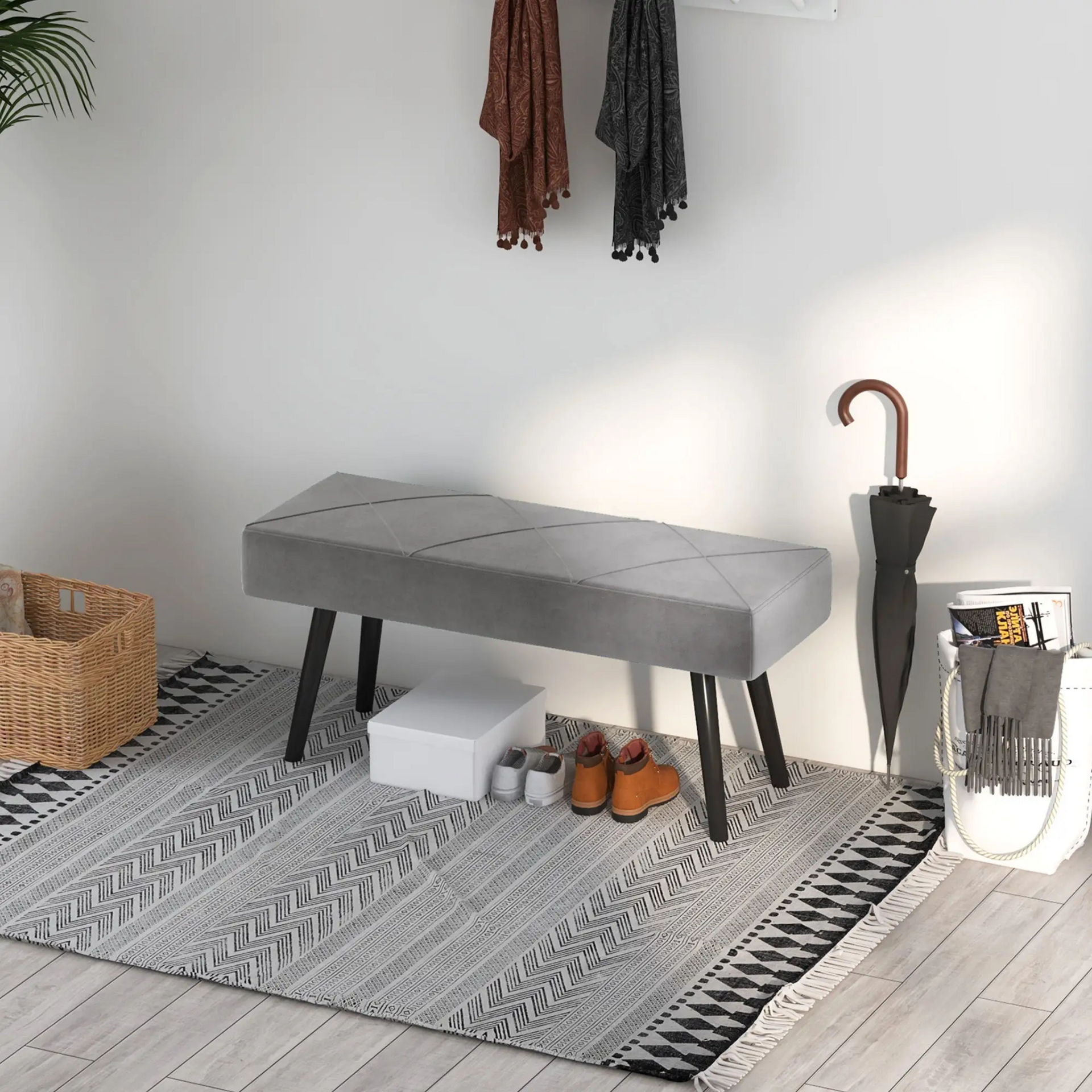 Gestoffeerde grijze hocker – 100x36x45 cm als compact bedbankje of extra zitplaats