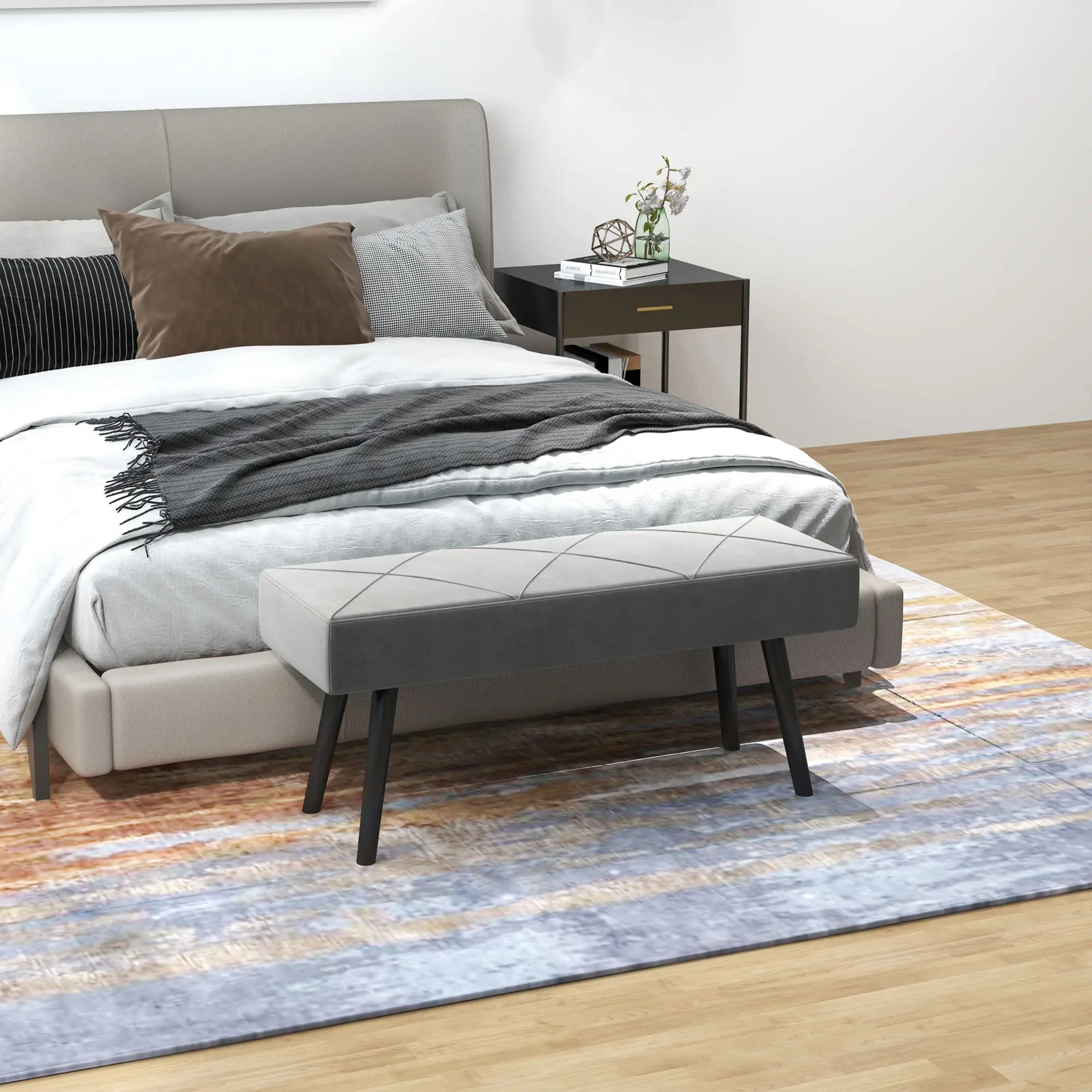 Gestoffeerde grijze hocker – 100x36x45 cm als compact bedbankje of extra zitplaats
