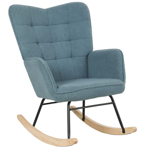 Blauwe relax-schommelstoel – comfortabele fauteuil met gestoffeerde zitting en houten schommelbasis voor elk moment