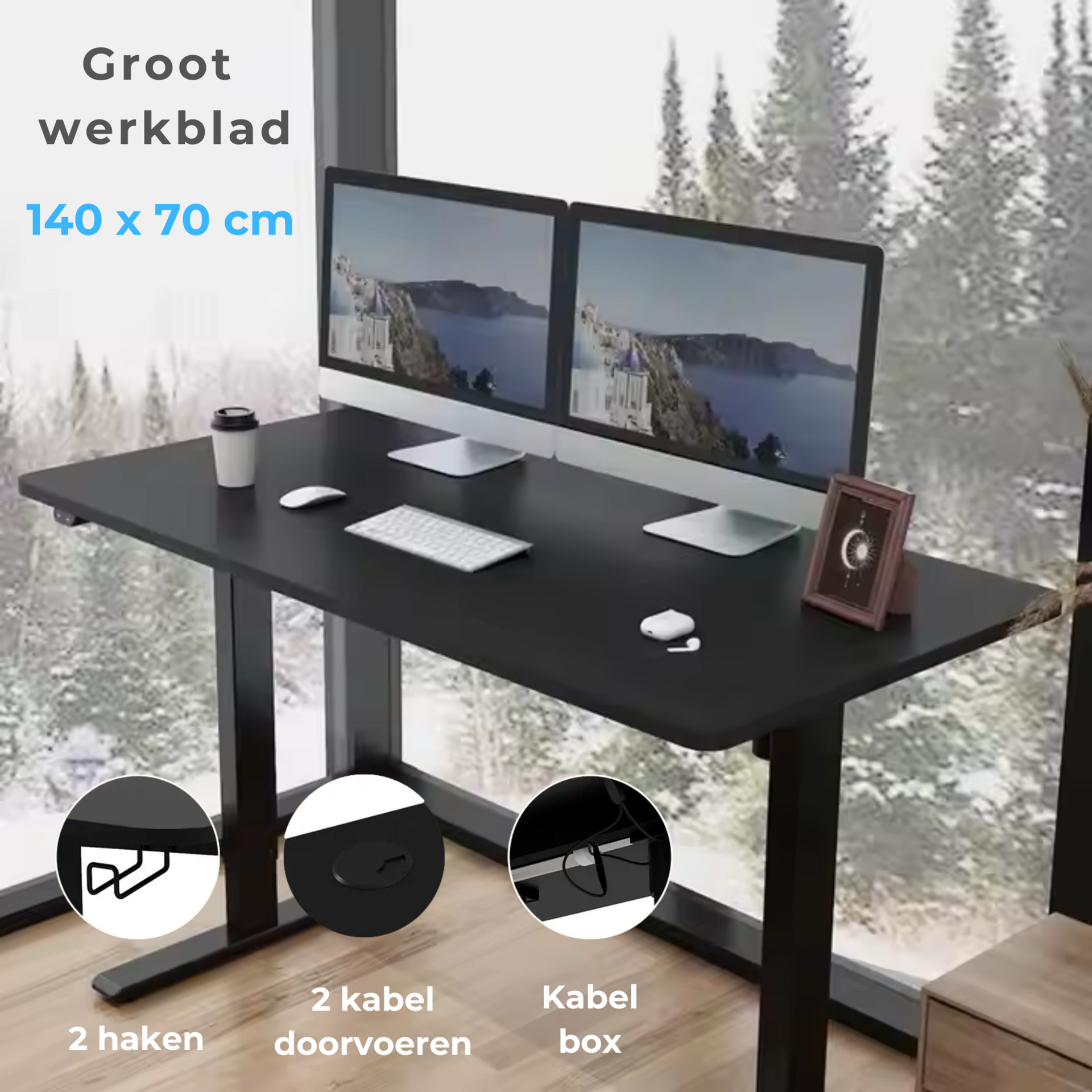 Elektrisch verstelbaar zit-sta bureau 140x70 cm zwart voor flexibel en ergonomisch werken