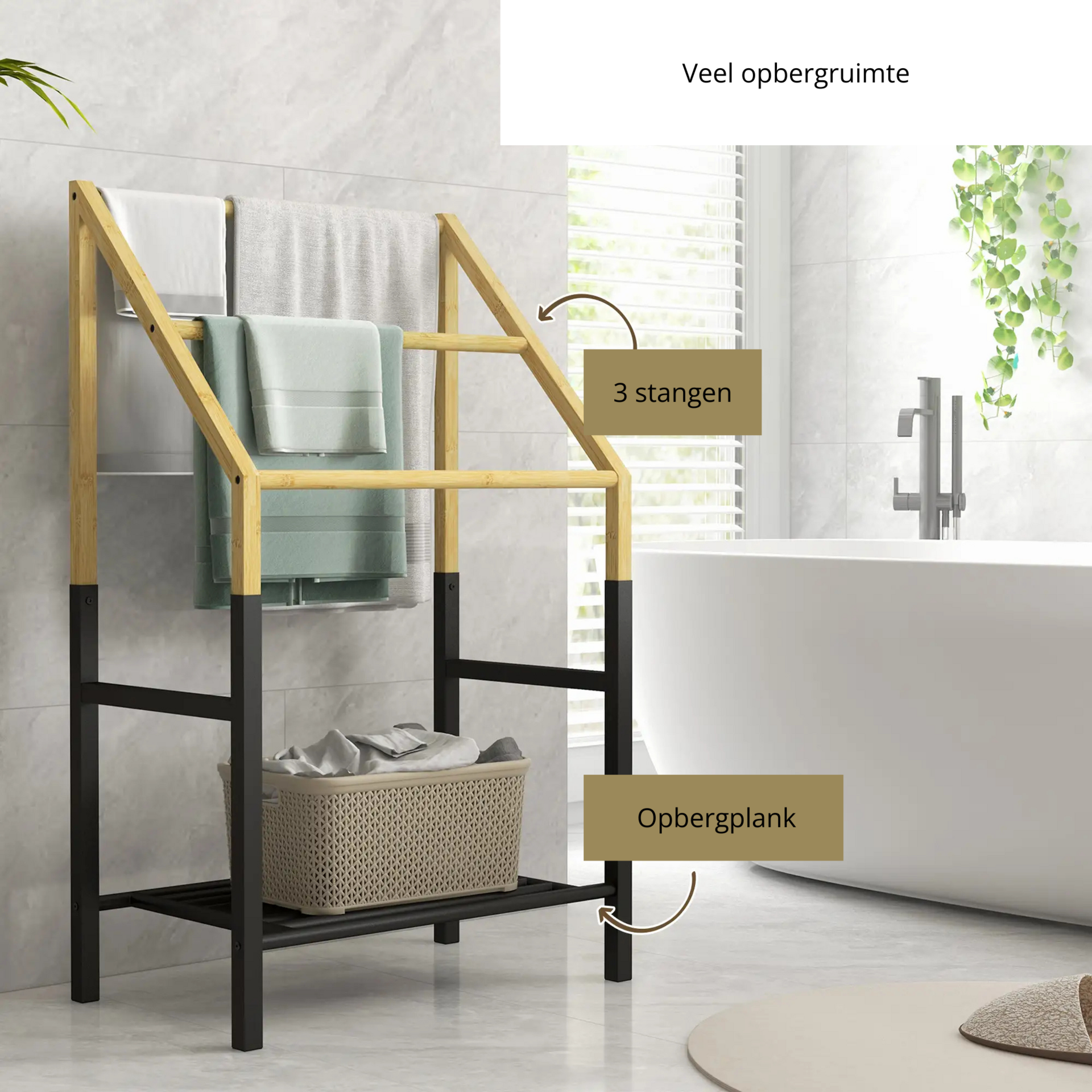 Badkamer handdoekenrek van hout – 51x31x86 cm met 3 niveaus